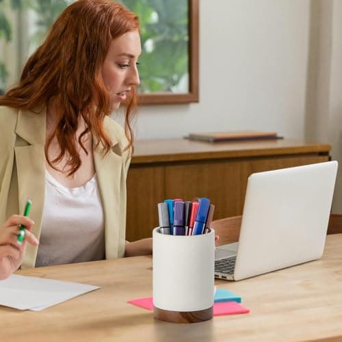 Officepal Pen Holder for Desk, Ceramic Pencil Organizer & Makeup Brush Holder, Office Decor and Desk Accessories，Perfect Office Organization,Teacher Supplies (White, Set / 1) 6