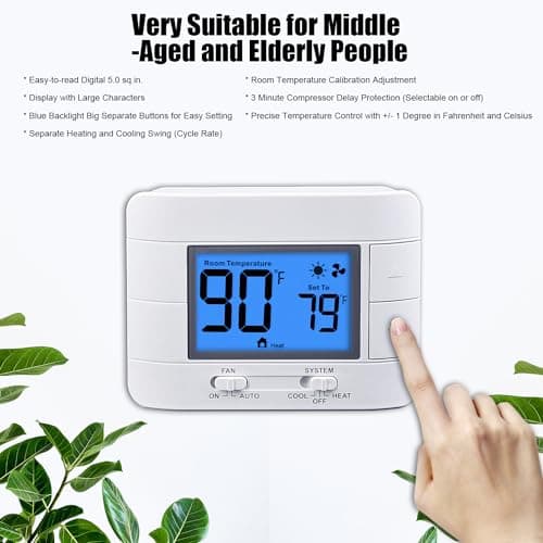 Non Programmable Thermostat for Home - Single Stage 1H/1C, with Room Temperature & Humidity Display and Large Blue LCD 7