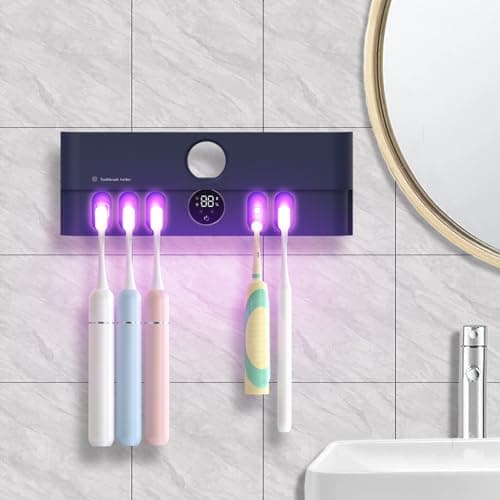 Pairosenvi Toothbrush Holder and Cleaner- Smart Drying/Cleaning Round in Circle Auto Open/Close Cover Rechargeable LED Screen Wall Mounted Bathroom Accessories(Blue)