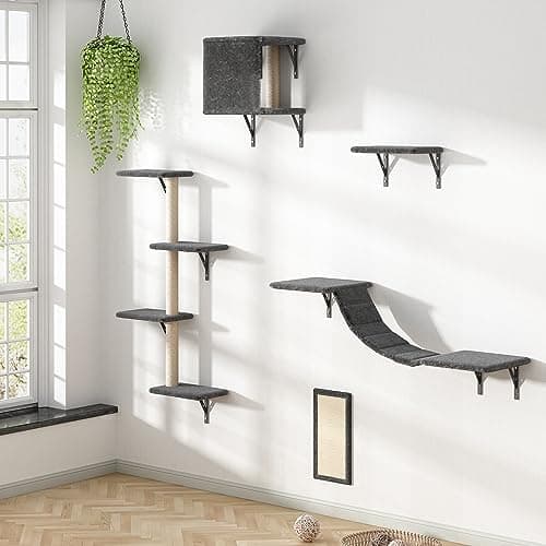 COZIVVOVV 5 Pcs Wooden Indoor Cat Climber - Wall-Mounted Shelves, Perches, Scratching Board, Cat Ladder & Cat Tree - Grey