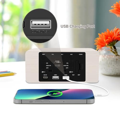 URAYCO Wooden Digital Alarm Clock, 10W Fast Wireless Charger Station & 2 USB Charging Ports, with 0~99% Dimmer, Dual Alarm, Weekday/Weekend Mode, Wood LED Clock for Bedroom, Desk, Office 9