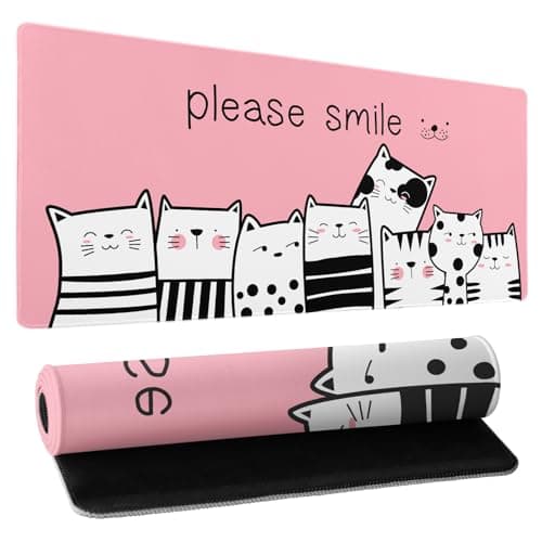 Please Smile Pink Cat Gaming Mouse Pad 31.5×11.8 Inch with Stitched Edges Extended Waterproof Desk Pads Non-Slip Rubber Base Large Keyboard Mat Computer Gaming Mousepad for Work/Office/Home