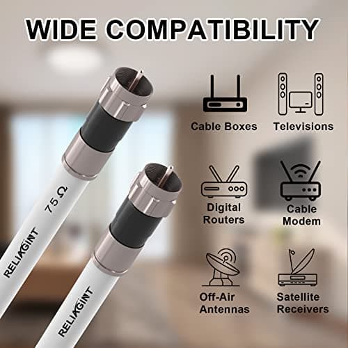 RELIAGINT 50ft RG6 Coaxial Cable White, 75 Ohm Coax Cable with F Connector & F81 Double Female Coupler, Low Loss High-Speed TV Antenna Extension Cord for HD TV, Satellite & Dish 5