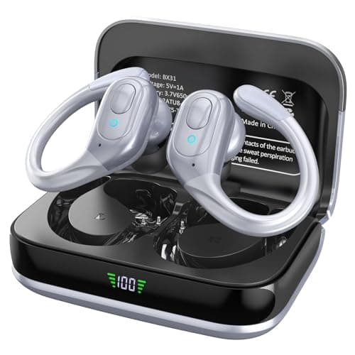 sajawass Wireless Bluetooth Earbuds, 75Hrs Playback, LED Display Charging Case, Ear Hooks, IPX7 Waterproof, Over-Ear Design for Sports, Running, Workout Sliver