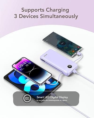 VRURC Portable Charger 20000mAh, Fast Charging Power Bank USB C,4 Output 2 Input Travel Essentials Charging Bank Equipped with LED Display,Built-in Wall Plug and Cables,Phone Charger Battery,Purple 7