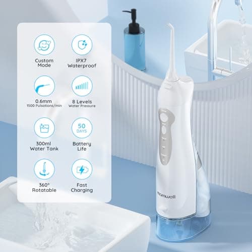 Mornwell Water Dental Flosser Teeth Pick for Teeth, Portable Cordless Water Flossers Oral Irrigator with 10 Intensity 4 Jet Rechargeable IPX7 Waterproof Water Tank Flosser Electric Travel (White) 7