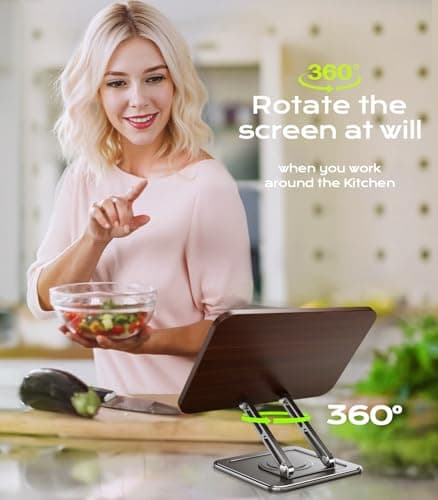 Book Stand for Reading, Adjustable Book Holder with 360°Rotating Bases, Ergonomic Cookbook Stand Recipe Book Holder with Elastic Page Clips for Magazines, Tablets, Laptops,Black 5