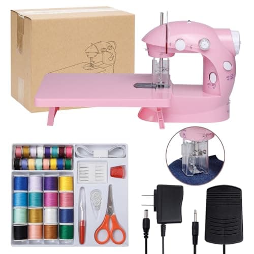 Sewing Machine for Beginners with Expansion Table Foot Pedal and 42Pcs Sewing kit Finger Guard & Light Mini Small Portable Sewing Machines 2-Thread 2-Speed 2-Switches for Kids Ages 8-12 Pink Set
