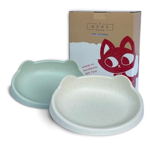 7 Ruby Road Anti Whisker Fatigue Cat Bowl, Set of 2 - Wide Food Bowls, Wet and Dry Shallow Food Dish, Small Cat Dishes for Indoor Cats, Cute Kitten Bowls Whisker Friendly & Relief, Non-Slip Plates