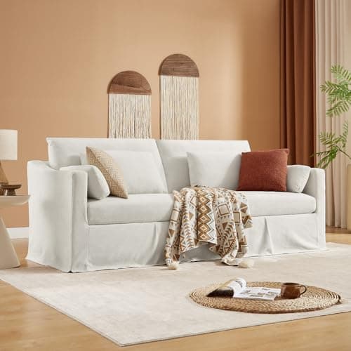 ONBRILL 84" Loveseat Sofa, Slipcovered Couch with Throw Pillows, 2-Seater Modern Sofa w/Sloped Arms, Pocket Spring Seat Cushion, Comfy Couches for Living Room, Office, Apartment, Beige