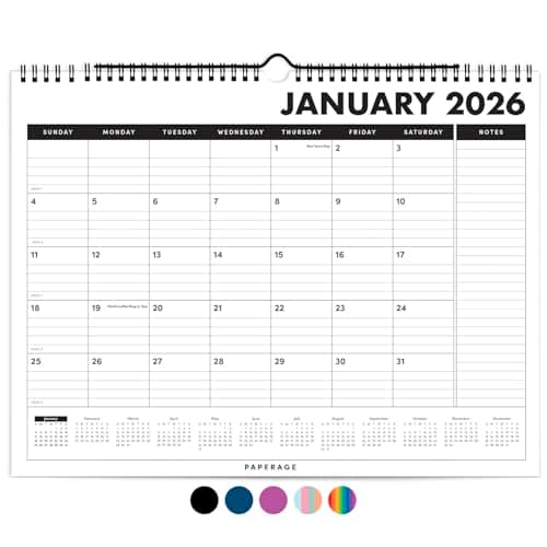 PAPERAGE 2026 Calendar, 12 Months (January 2026 - December 2026), Medium (11.5 in x 14.75 in), Minimalist Wall and Desk Calendar with Monthly Views, Yearly Plans & Notes Section – Black