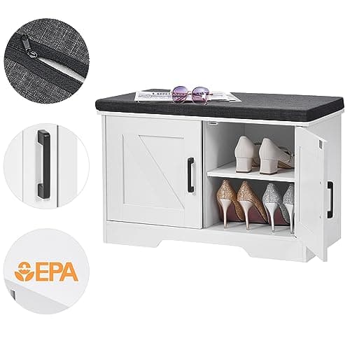 HOMSHO 2-Tier Storage Bench, 27.6" Wide Shoe Bench with Padded Seat Cushion, Entryway Bench with 2 Barn Doors and Adjustable Shelf, White 8