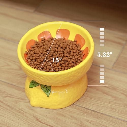 LINSHANMIN Elevated Cat Bowl, Ceramic Tilted Cat Food Bowl for Indoor Cats, Shallow Food Dish Whisker Friendly for Adult Cats and Small Medium Dogs (Yellow). 5