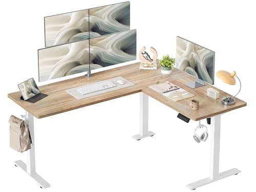 TIQLAB L Shaped Standing Desk Adjustable Height, Electric Corner Standing Desk, 63 x 55 inch Sit Stand Computer Table with Splice Board, Maple