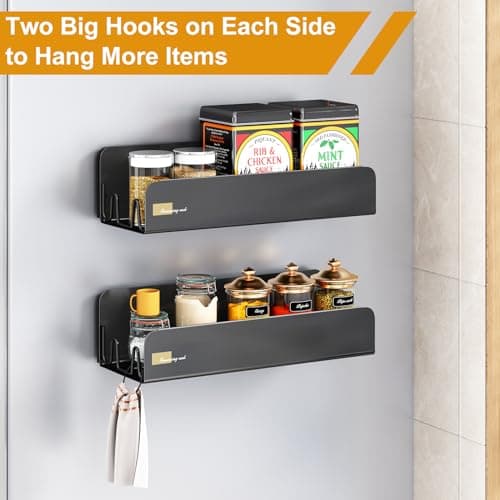 Magnetic Spice Rack for Refrigerator, Magnetic Shelf Fridge Spice Rack Organizer 2 Pack with 8 Hooks, Moveable Strong Magnetic Seasoning Organizer and Shelf for Kitchen Refrigerator Microwave 5