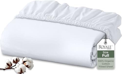 Royale Linens 100% Organic Cotton Fitted Sheet - Percale Weave - Super Soft Deep Pocket Bottom Sheets - White Elastic Sheet Full Size - Full Fitted Sheets Only - (54"x75"+15", White)