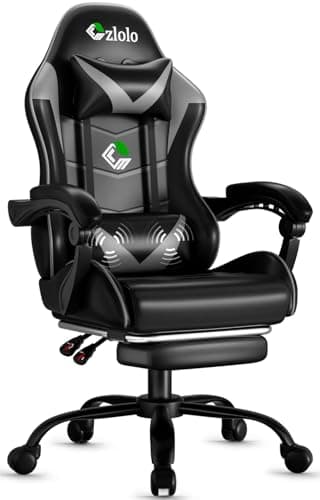 Czlolo Gaming Chair with Footrest Racing Style Lumbar Support Massager Video Game Chair with Metal Legs, High Back Reclining Gamer Chair with Headrest, 360° Swivel Office Computer Desk Chair (Gray)
