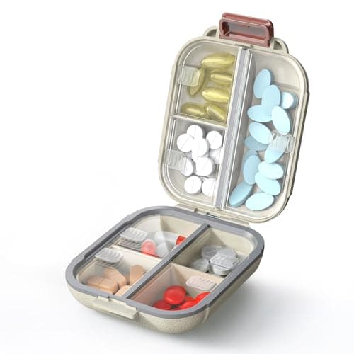 ZHIYES 7 Compartments Travel Pill Organizer, Foldable Portable Airtight Daily Pill Box, Compact Pill Case for Purse & Pocket, BPA-Free Medicine Organizer for Vitamins Fish Oil Supplements (White)