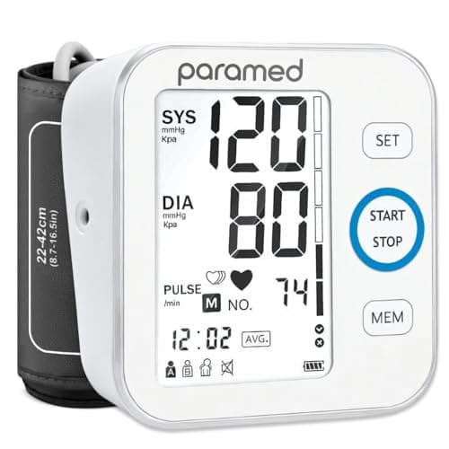 Paramed Blood Pressure Monitor - Bp Machine - Automatic Upper Arm Blood Pressure Cuff 8.7-16.5 inches - Large LCD Display 120 Sets Memory - Device Bag & Batteries Included