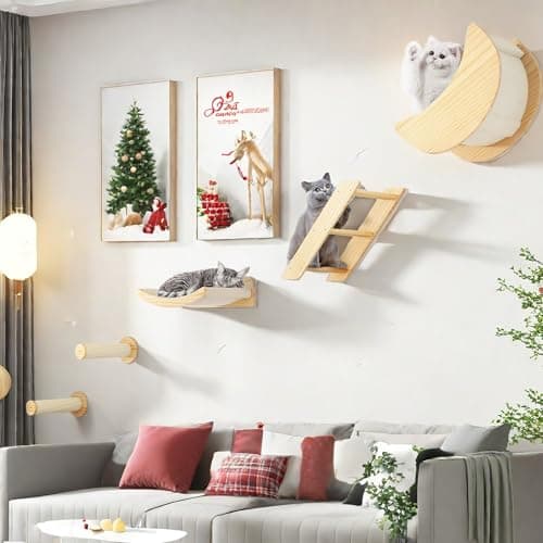 YITAHOME Solid Wood Cat Wall Shelves and Perches - Pine Mounted Tree Set of 5 With Moon House, Bridge Ladder, Indoor Climbing Condos