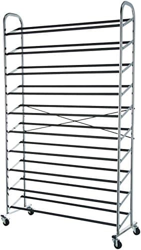 Amazon Basics 50-Pair Shoe Rack Organizer, Portable Rolling with Locking Wheels, Free Standing, 35.8 x 14.6 x 59.5 inches, Chrome