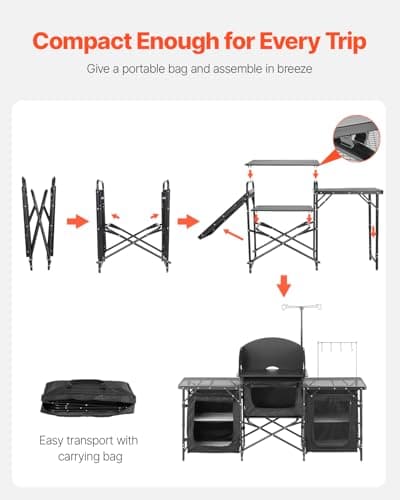 VEVOR Camping Kitchen Table, Outdoor Camp Cooking Table, Aluminum Portable Cook Station with 3 Storage Cupboard, Carrying Bag, Detachable Windscreen, Quick Set-up for BBQ Party Picnic RV Travel, Black 7