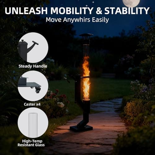 Spylandy Wood Pellet Patio Pit, Portable Gravity Feed Outdoor Heater with Glass Tube Flame, Smokeless Non-Electric Rocket Pit for Backyard, Deck, Camping & RV (Black) (64" Wheels) 7