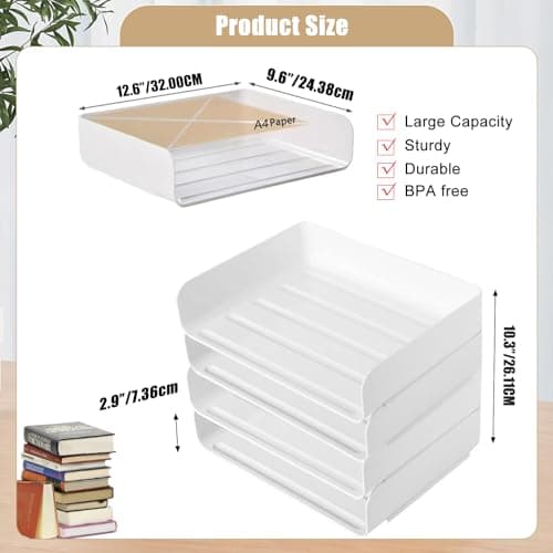 4 Tier Desk Organizer, Stackable Paper Tray Organizer for Document, Letter, A4 File Paper, Desk Accessories, Notes, Pens (White, 4 Pack) 5