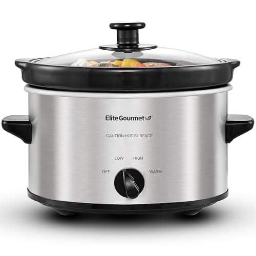 Elite Gourmet MST-275XS Electric Oval Slow Cooker, Adjustable Temp, Entrees, Sauces, Stews & Dips, Dishwasher Safe Glass Lid & Crock (2 Quart, Stainless Steel)