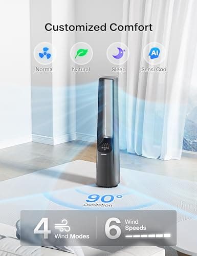 PELONIS 40" Bladeless Tower Fan with Powerful Airflow, Ultra-Quiet DC Motor (22 dB), 6 Speeds, 4 Modes, Remote Control, 7-Hour Timer, 90° Oscillation, Safe Design for Bedroom, Home, Office 5