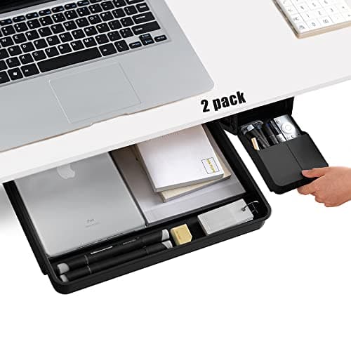 Under Desk Drawer Storage Organizer - 2 Pack (Large and Small) Black - (Please Note - Drawer Size/No Lip Under Desktop) - 2 Installation Methods (Screw or Adhesive)