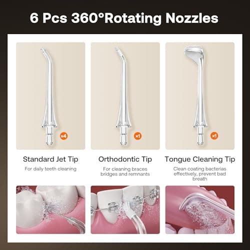 Bitvae C6 Water Dental Flosser Teeth Picks, Portable Cordless Oral Irrigator, IPX7 Waterproof Braces Flossers Cleaner, 5 intensities 6 Jet Tips, Rechargeable Water Dental Picks for Cleaning, Pink 7