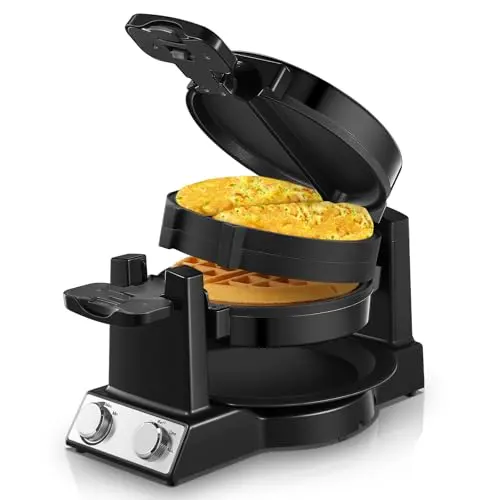 FOHERE 2-in-1 Omelette Maker&Waffle Maker, 1400W Omelet Maker 180° Flip, Adjustable Browning Control, Non-Removable & Nonstick Pans, Make Two Omelet and One Waffle at Once for Home (Dark Black)