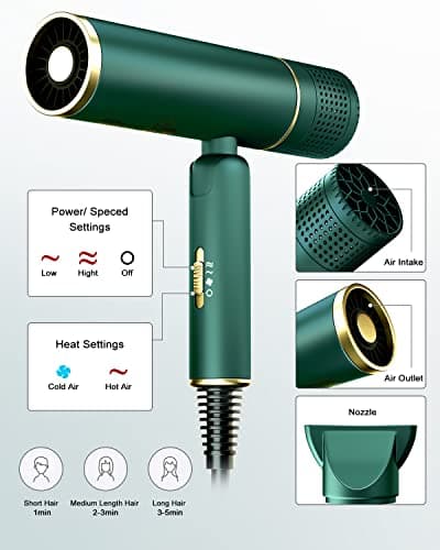 7MAGIC Fast-Drying Hair Dryer, Foldable Ionic with Storage Bag for Travel, Lightweight Portable Hairdryer for Women & Men, Negative, 2 Heating/Cold/2 Speed Settings, Green 6