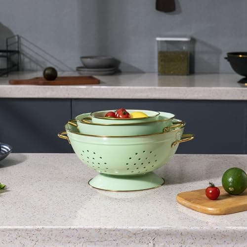 Metal Colander Set of 3, Strainer Basket with Handles perfect for Spaghetti, Pasta, Berry, Vegetable, Fruit, Solid Base Powder Coated Kitchen Essential Strainer Set, 1 & 3.5 & 5 Qt (Green) 7