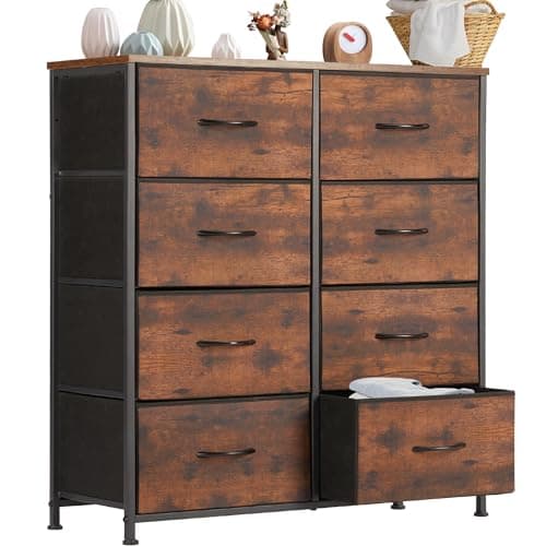 DUMOS Dresser for Bedroom with 8 Fabric Drawers, Tall Chest Organizer Units for Clothing, Closet, Kidsroom, Storage Tower with Cabinet, Metal Frame, Wooden Top, Lightweight Nursery Furniture, Brown