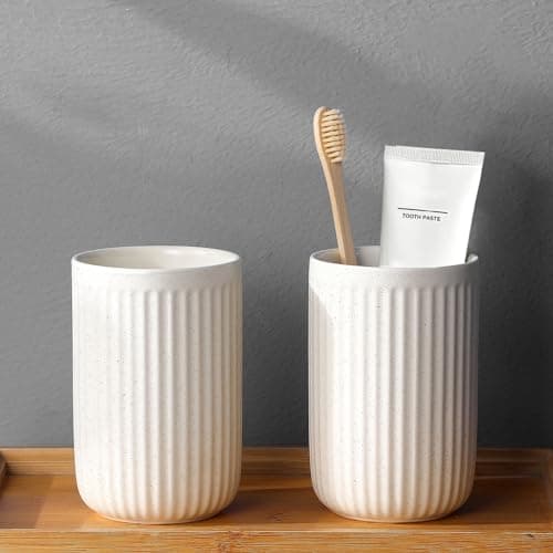 BSDISP Toothbrush Holders - 2 Cup Ceramic Toothbrush Toothpaste Holders Set, Beige Bathroom Tumbler Cups Reusable Toothbrush Mouthwash Cup, Bathroom Counter Organizer