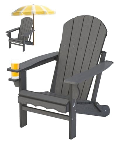 Fire Pit Chairs, HDPE Folding Adirondack Chairs Weather Resistant, Composite Foldable Adirondack Patio Chair with Cup Holder and Umbrella Hole, Grey
