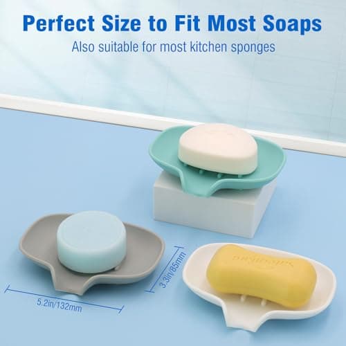 3 Pack Silicone Soap Dish with Drain, Bar Soap Holder for Shower/Bathroom, Self Draining Waterfall Soap Tray/Saver for Kitchen, Keep Soap Dry, Easy to Clean 5
