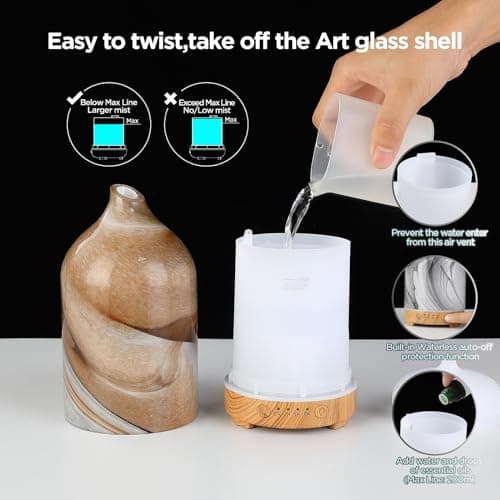 Essential Oil Diffuser Hand Blown Glass Aromatherapy Diffuser - Ultrasonic Cool Mist Scent Aroma Diffuser, Whisper Quiet with Auto Shut-Off, Timer Setting &7 Colors Night Light for Home 7
