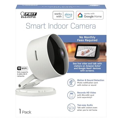 Feit Electric Indoor Security Camera with Motion Detection, 30ft. Night Vision, 360° Adjustable Head, 2.4GHz WiFi, 2-Way Audio, 1080p HD, Works with Alexa & Google Asst, Plug-in, White - CAM1/WIFI