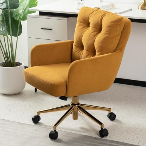 BALIAA Flannel Office Chair, Comfy Home Office Desk Chairs with Lumbar Support, Modern Velvet Desk Chair Gold Legs Small Swivel Task Chair for Home Office, Bedroom, Study (Yellow, L)