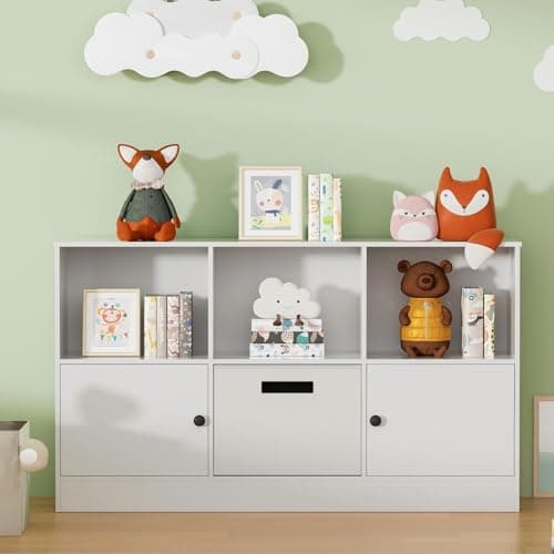 Housoul 2-Tier Open Bookcase with 2 Doors, 6-Cube Wooden Bookshelf with Fabric Drawer, Floor Standing Display Cabinet Organizer, Kids Open Shelf Low Bookcase for Living Room, Bedroom, Office, White