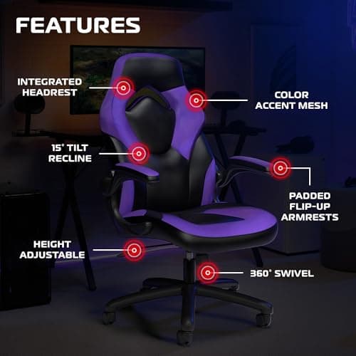 RESPAWN 3085 Ergonomic Gaming Chair for Adults, High Back Office Chair with Headrest and Flip Up Arms, Leather Racing Style Gaming Seat with Lumbar Support, Video Game Computer Desk Seat - Purple 6