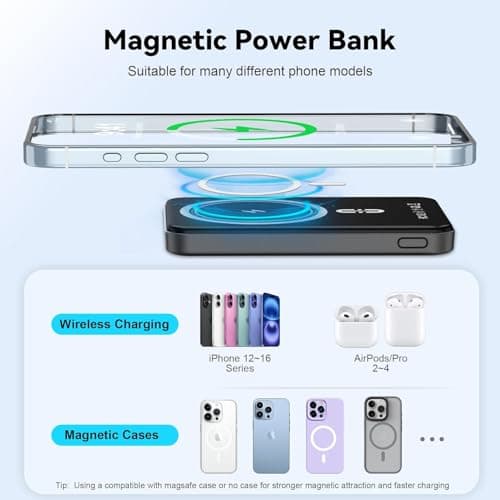 Magnetic Power Bank 5000mAh,Magnetic Portable Charger for iPhone with Type-C Cable,Slim Portable Wireless Magnetic Power Bank, Magnetic Battery Pack for iPhone 16/15/14/13/12 Series (Matte Black) 7