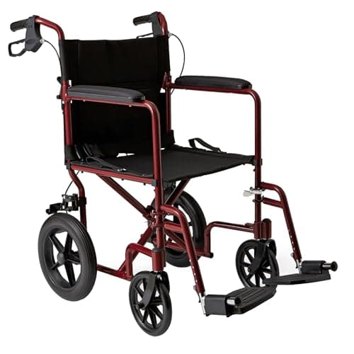 Medline Lightweight Foldable Transport Wheelchair with Handbrakes and 12-Inch Wheels, Red Frame, Black Upholstery