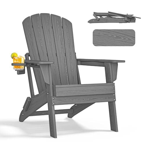 nevilywood Folding Adirondack Chair - Extended Ergonomic Backrest, Cup Holder - Easy Assembly - Durable HDPE Plastic, Weather Resistant & Maintenance-Free - Lawn, Patio, Deck Supports 380lbs,Grey