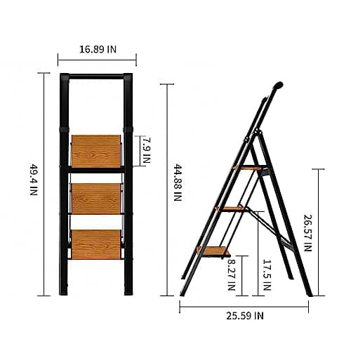 BEFITMACE 3 Step Ladder,Folding Step Stool with Aluminum Wide Pedal& Convenient Handgrip,330lbs Capacity Steel Ladder for Household and Office(Black &Woodgrain) 6