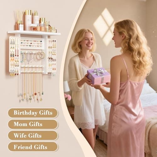 Emfogo Jewelry Organizer Hanging Wall Mounted Jewelry Holder, 5-in-1 Large Capacity Necklace Organizer Wall Hanging Jewelry Display for Ring, Necklaces, Bracelets, Earrings (White) 6