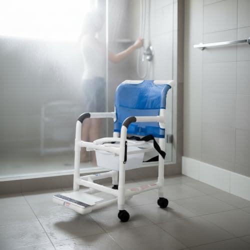 Rolling Shower Chair with Wheels & Drop Arms, Mesh Seat, 4 Locking Casters, Seat Belt, Sliding Footrest, Commode Pail – Fits Over Toilet, 300 lb Capacity – Institutional Grade | RL-1 8